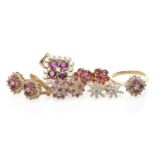 ASSORTED GOLD JEWELLERY comprising four pairs of pink and white gem set earrings, similar ring and