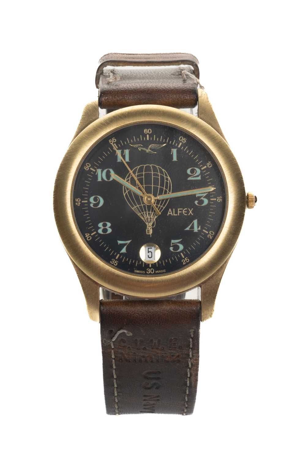 ALFEX OF SWITZERLAND US NAVY WRISTWATCH, the black dial with Arabic numerals, date aperture at 6 o'