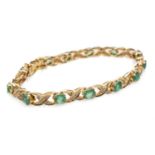 YELLOW METAL EMERALD & DIAMOND CHIP BRACELET, criss cross design, unmarked, 18cms long, 12.9gms