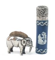 ELEPHANT PIN CUSHION & SCENT BOTTLE, Edward VII pin cushion by Adie & Lovekin Ltd., Birmingham 1907,