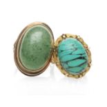 YELLOW METAL CABOCHON TURQUOISE RING, together with a yellow metal cabochon green stone ring, 12.