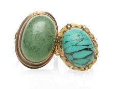 YELLOW METAL CABOCHON TURQUOISE RING, together with a yellow metal cabochon green stone ring, 12.