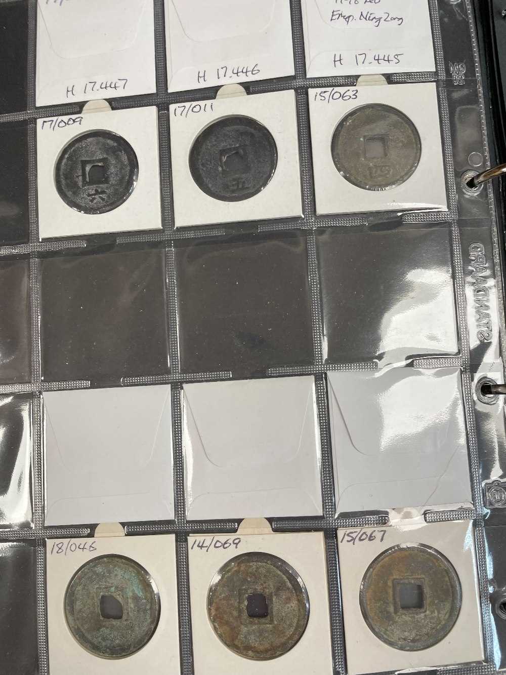 TWO COIN ALBUMS containing various collectable coins including Japanese Tenpō Tsūhō, Chinese cash - Image 6 of 16