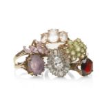 FIVE 9CT GOLD SEMI-PRECIOUS GEM SET RINGS, 16.2gms gross, and a silver dress ring (6) Provenance: