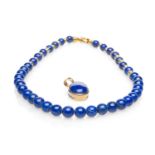 LAPIS LAZULI BEAD NECKLACE WITH 18CT GOLD CLASP, 39.5cms long, together with 9ct gold set lapis