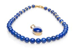 LAPIS LAZULI BEAD NECKLACE WITH 18CT GOLD CLASP, 39.5cms long, together with 9ct gold set lapis