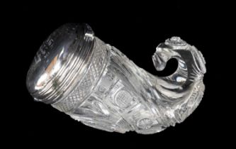 UNUSUAL CUT GLASS & WHITE METAL MOUNTED SNUFF MULL, the cut glass body formed as a typical curly