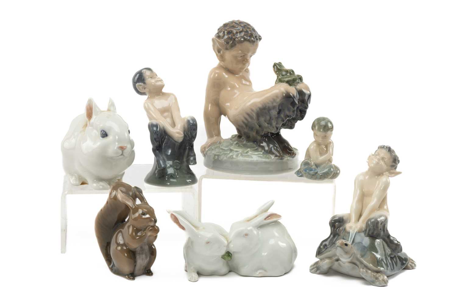 ROYAL COPENHAGEN PORCELAIN FIGURINES, comprising of faun & frog no.1713, faun riding on tortoise