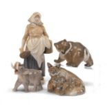 ROYAL COPENHAGEN PORCELAIN FIGURINES, milkmaid no.899, elephant no.2988, vixen with cubs no.1788,