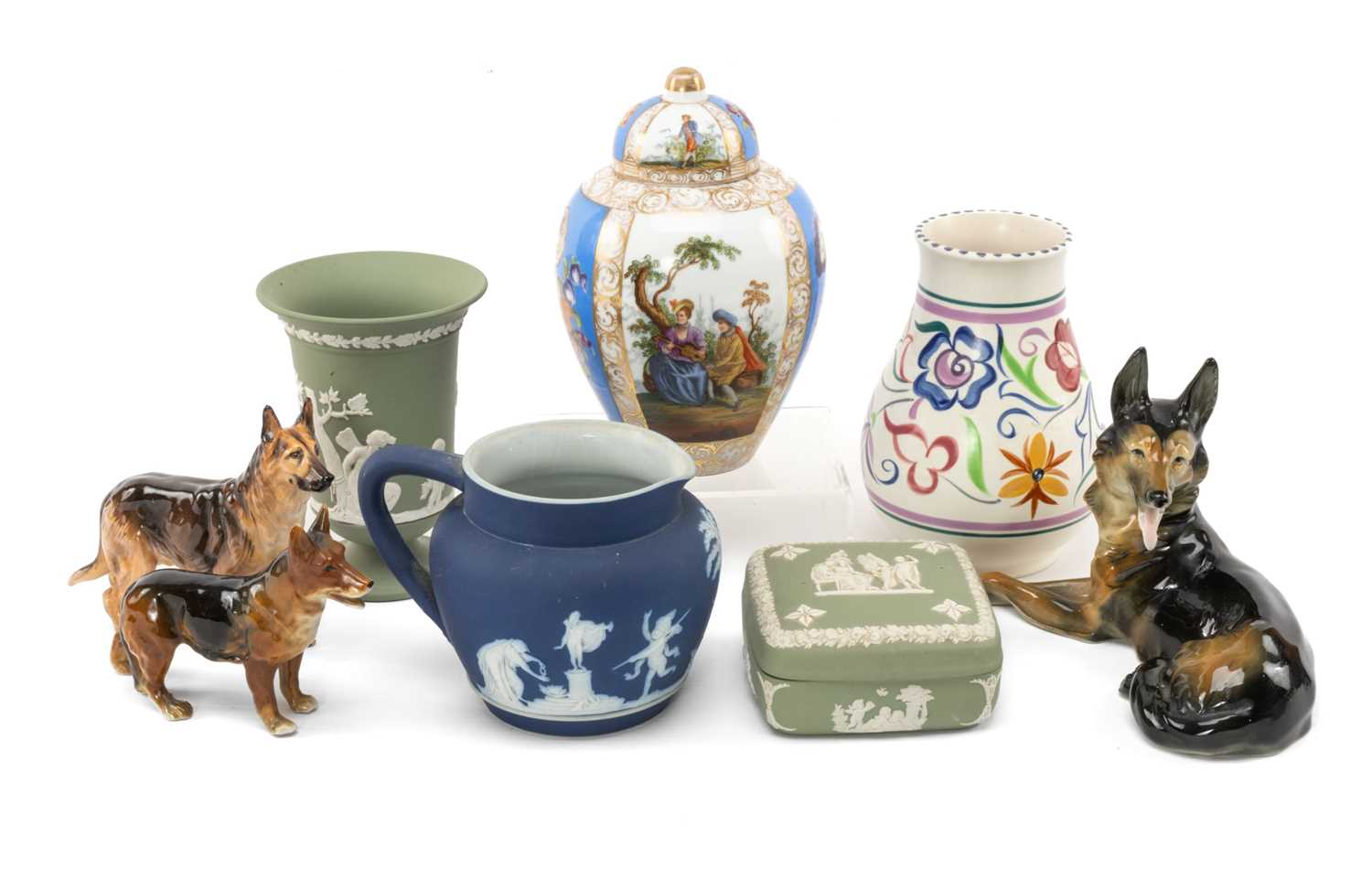 ASSORTED COLLECTABLE CERAMICS, including Meissen-style jar & cover, Poole vase, 3 sage and blue