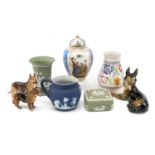 ASSORTED COLLECTABLE CERAMICS, including Meissen-style jar & cover, Poole vase, 3 sage and blue
