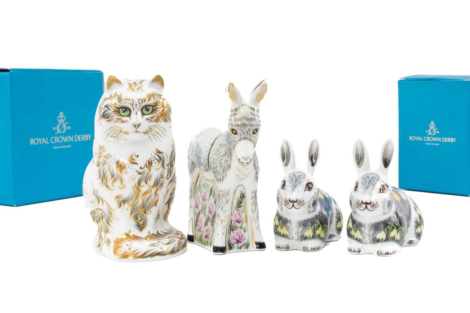 ROYAL CROWN DERBY PAPERWEIGHT FIGURES, comprising Fifi MMXVII, Donkey Foal MMXVII (boxed), and two