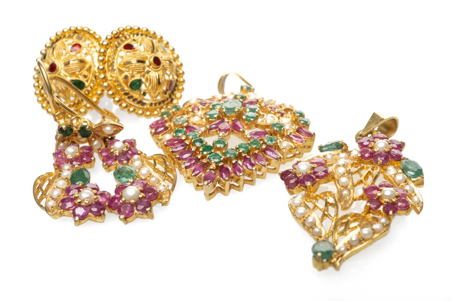 GROUP OF YELLOW METAL JEWELLERY comprising pair of multi-gem earrings stamped '22KDM', two multi-gem