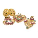 GROUP OF YELLOW METAL JEWELLERY comprising pair of multi-gem earrings stamped '22KDM', two multi-gem