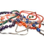 ASSORTED COSTUME JEWELLERY including various beads including malachite, coral, silver chains,