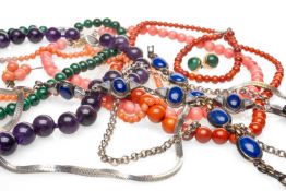 ASSORTED COSTUME JEWELLERY including various beads including malachite, coral, silver chains,