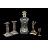 GROUP SILVER WARE & SCULPTURE, including pair Edwardian Corinthian column loaded candlesticks with