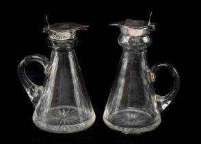PAIR EDWARD VII SILVER WHISKEY NOGGINS, Mappin & Webb, London 1908, clear conical glass bodies