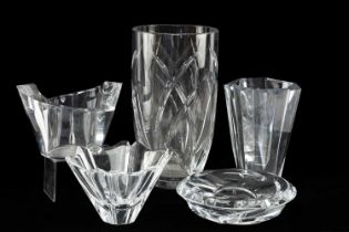 FOUR ORREFORS CLEAR GLASS VASES/BOWLS, all signed, tallest 23cm (h), and a JOHN ROCHA FOR