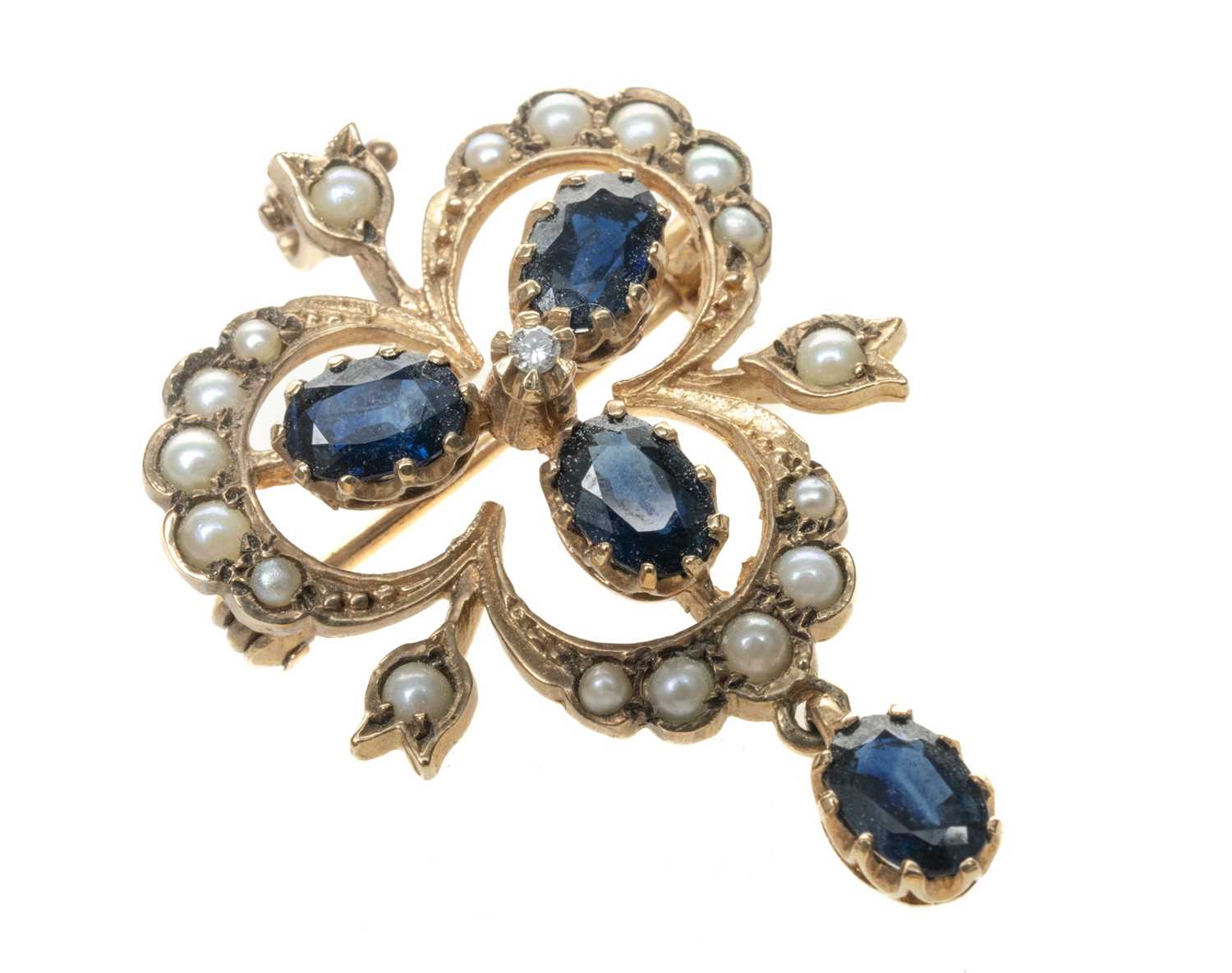 9CT GOLD SAPPHIRE & SEED PEARL PENDANT / BROOCH, 5.2gms Provenance: private collection Caerphilly