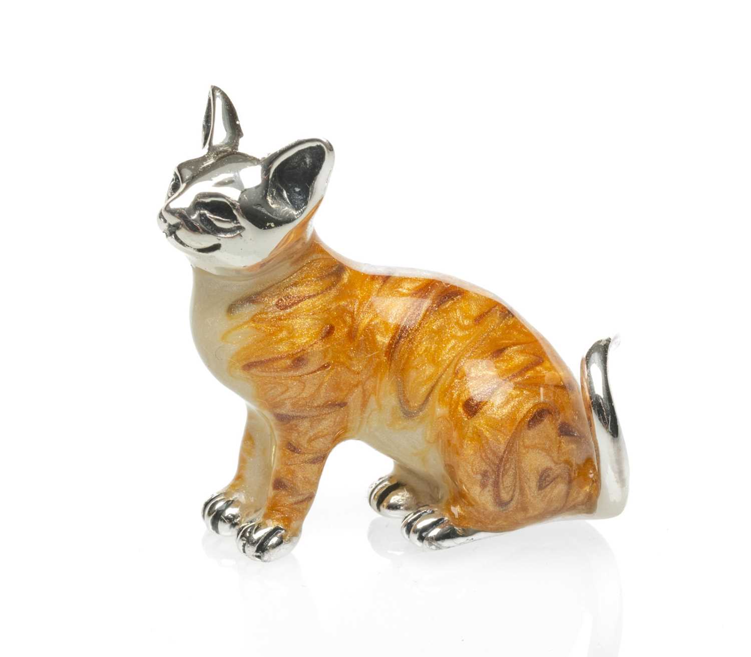 MODERN SILVER & ENAMEL CAT BROOCH, modelled seated, with tortoiseshell colouring, stamped '925',12.