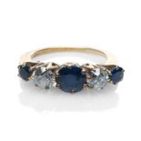 YELLOW METAL FIVE STONE DIAMOND & SAPPHIRE RING, ring size J, 3.8gms in Regalrose ring box