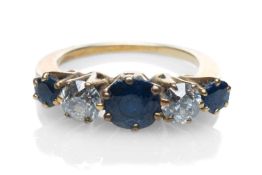 YELLOW METAL FIVE STONE DIAMOND & SAPPHIRE RING, ring size J, 3.8gms in Regalrose ring box