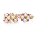 14K GOLD RUBY & SEED PEARL RING, ring size P, together with matching pair of earrings, 7.5gms