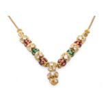 YELLOW METAL NECKLACE set with white semi-precious gem stones and enamel spheres, stamped '09.160'