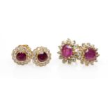 TWO PAIRS OF 18CT GOLD RUBY & DIAMOND CLUSTER EARRINGS, 6.9gms gross (4) Provenance: Torfaen