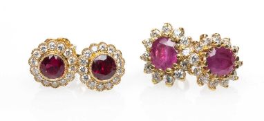 TWO PAIRS OF 18CT GOLD RUBY & DIAMOND CLUSTER EARRINGS, 6.9gms gross (4) Provenance: Torfaen