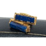 PAIR 18CT GOLD & LAPIS LAZULI CUFFLINKS, maker G&RH, London 1970, the hardstones set in bark