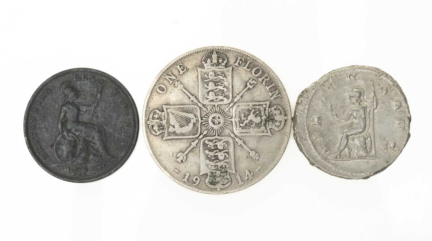 COLLECTABLE COINS comprising believed silver Denarius, George V 1914 one florin, Georges IV 1828