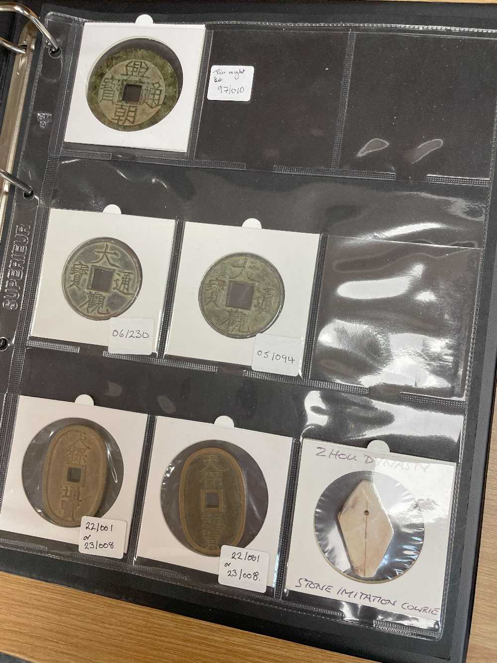 TWO COIN ALBUMS containing various collectable coins including Japanese Tenpō Tsūhō, Chinese cash - Image 12 of 16