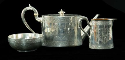 VICTORIAN CRESTED SILVER THREE-PIECE TEA SERVICE, Hunt & Roskell (late Storr & Mortimer), London
