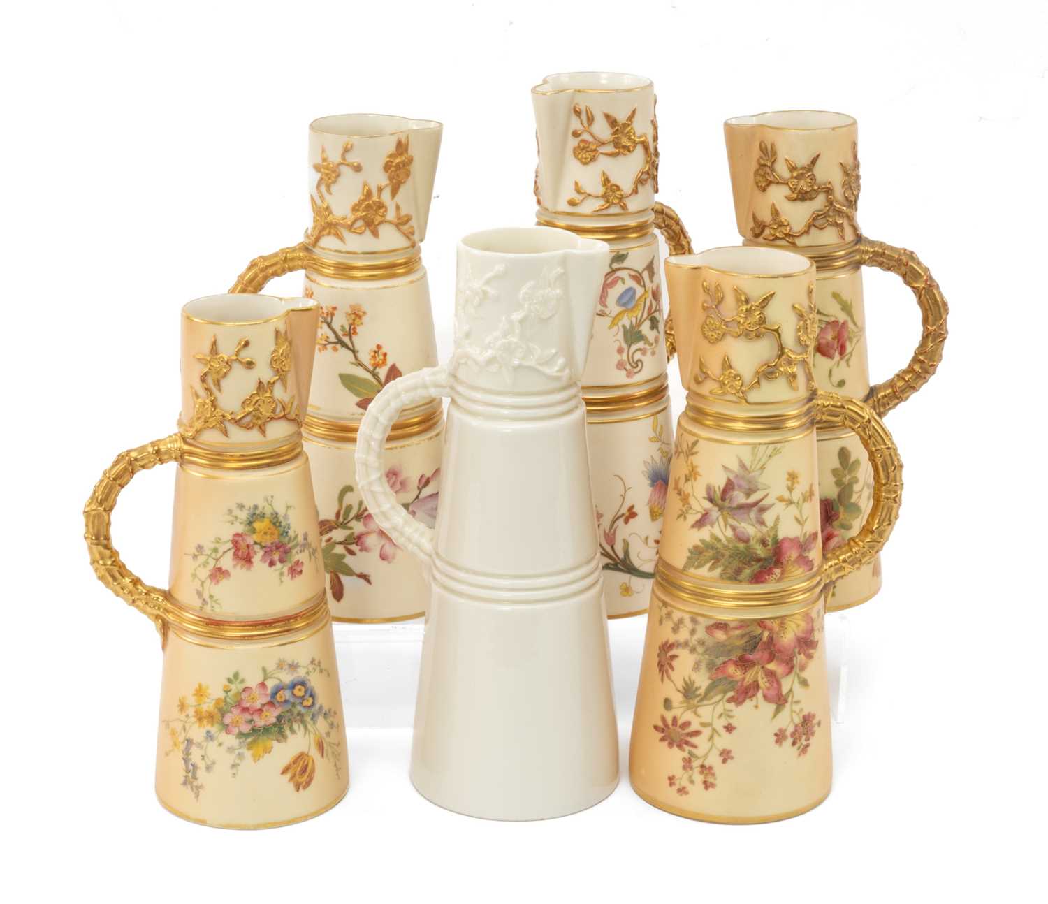 SIX ROYAL WORCESTER SHAPE 1047 JUGS, comprising 3 gilt and blush ivory tapering jugs, 22cms and 22.