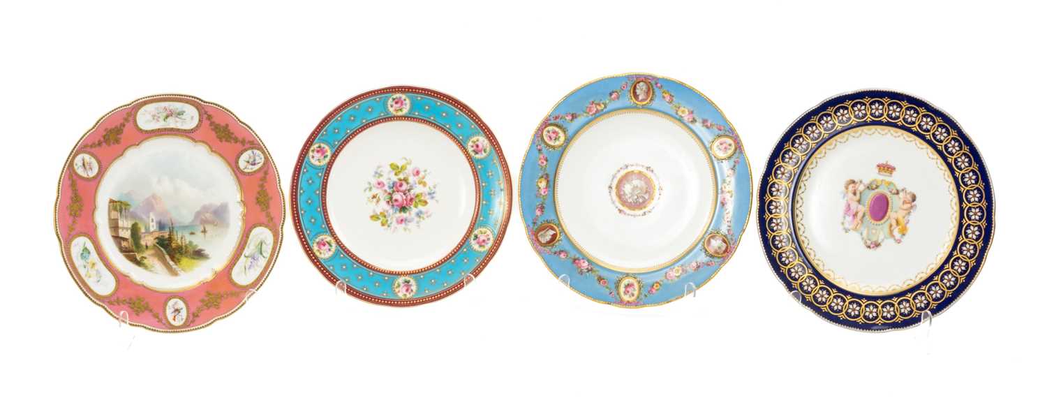 FOUR 19TH C, ENGLISH BONE CHINA CABINET PLATES, comprising three Minton Sevres-style plates