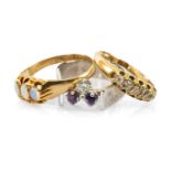 THREE GOLD RINGS comprising 18ct gold five stone diamond ring, 18ct gold three stone opal ring and