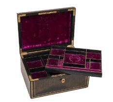 19TH C. IRISH DICED LEATHER JEWELLERY BOX, retailed by Mansfield, Dublin, gilt tooled borders,