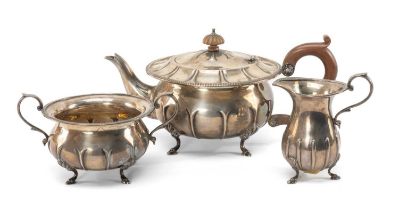 GEORGE V SILVER THREE PIECE TEA SERVICE, Alexander Clark, Birmingham 1923, compressed ribbed bellied