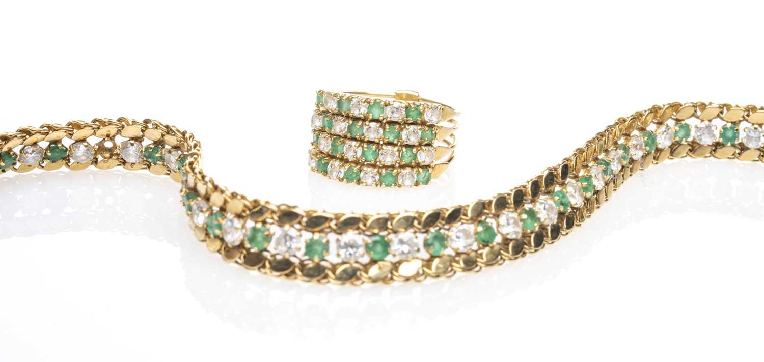 YELLOW METAL MATCHING BRACELET & RING set with white and green gem stones, both stamped '750', 16.