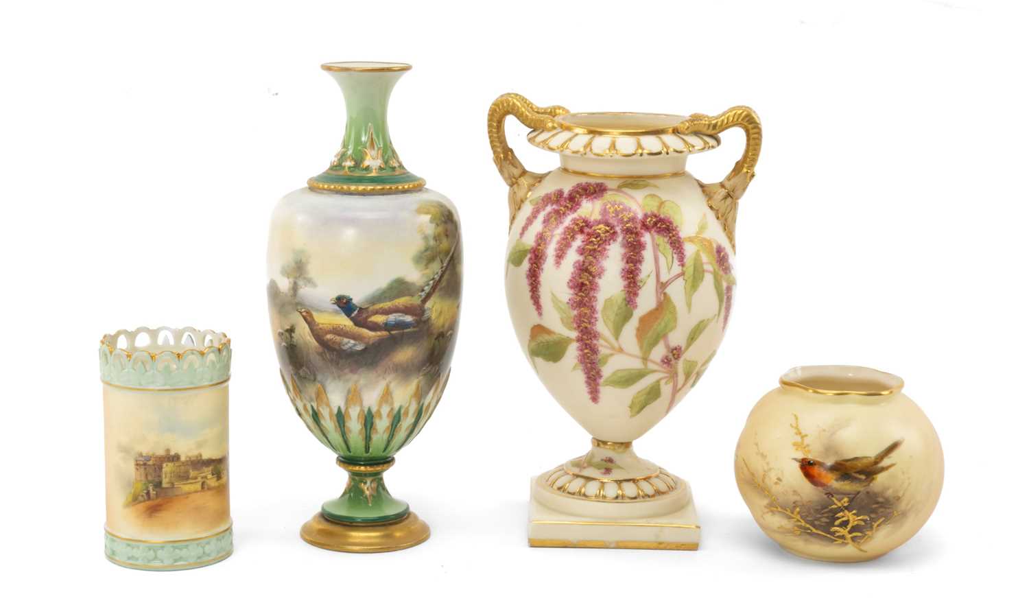 FOUR WORCESTER BONE CHINA VASES, including Hadley's vase painted with continuous landscape with pair