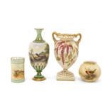FOUR WORCESTER BONE CHINA VASES, including Hadley's vase painted with continuous landscape with pair