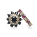 TWO GOLD RINGS, comprising 9ct gold sapphire and diamond chip cluster ring, together with a 9ct gold