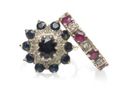 TWO GOLD RINGS, comprising 9ct gold sapphire and diamond chip cluster ring, together with a 9ct gold