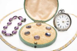 ASSORTED JEWELLERY & WATCH comprising boxed iridescent dress studs, silver fob watch, silver