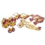 FIVE PAIRS OF YELLOW METAL & PINK GEM STONE EARRINGS, some believed rubies with white gem accent