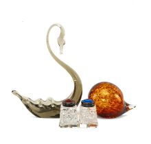 ASSORTED GLASSWARE including, pair of David Andersen silver enamel cruets, hedgehog paperweight,