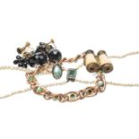 9CT GOLD TURQUOISE CURB LINK BRACELET, 14.5gms, together with pearl necklace, faceted jet type