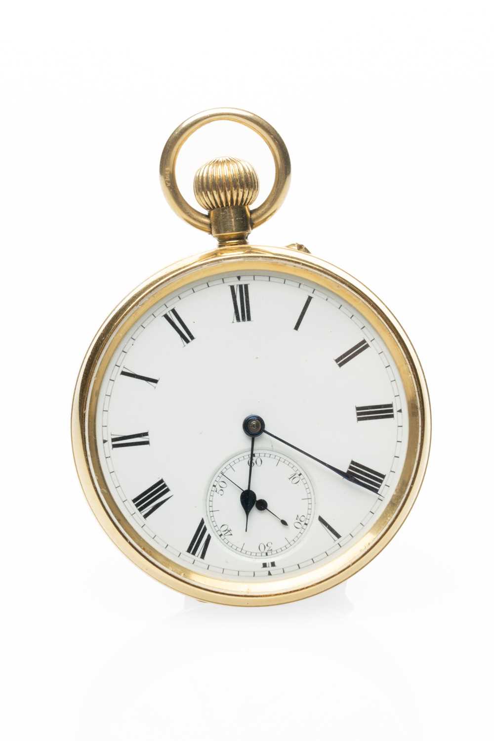 18CT GOLD OPEN FACE POCKET WATCH, white enamel dial with Roman numerals and subsidiary seconds dial,